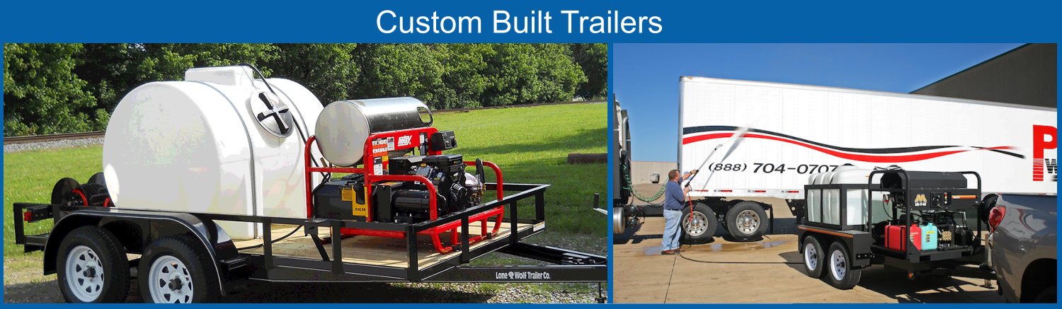 Custom Built Dual Axle Pressure Washer Trailers by Enzo's Custom built dual axle pressure washer trailers from Enzo's with large water tanks, hot water diesel burners, and mobile fleet washing setup