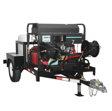Enzo's Custom Single Axle Pressure Washer Trailer Rig Enzo's custom single axle trailer-mounted hot water pressure washer rig with dual hose reels, water tank, and tow hitch